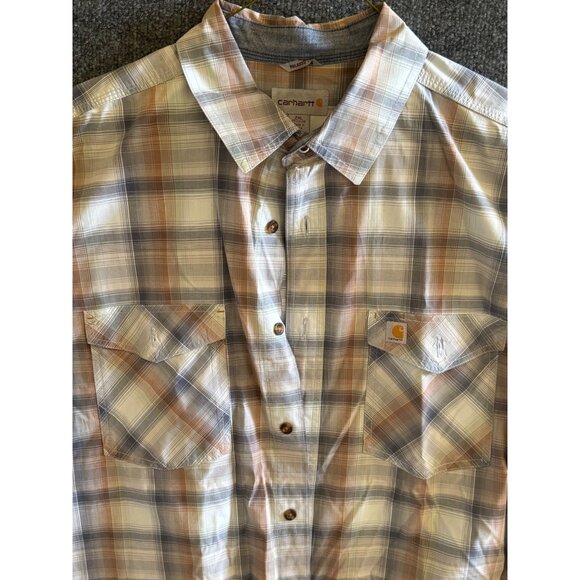 Carhartt Mens Plaid Short Sleeve Button-Up Shirt 2XL Relaxed Fit Beige & Blue - Picture 5 of 11